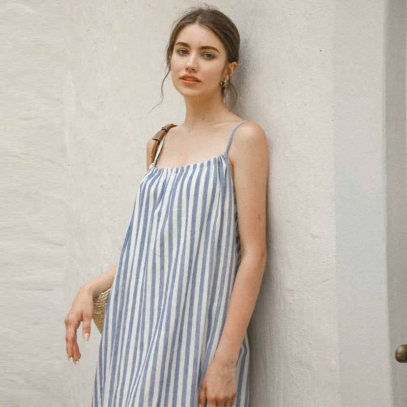 vmtvr  -  Striped Halterneck Cotton Linen Dresses Summer New Casual Beach Vacation Sleeveless Loose Women Long Dresses Maxi Boho Sundress