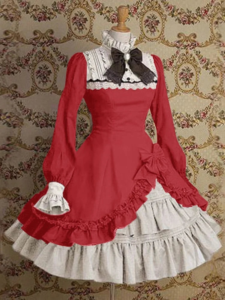 vmtvr  -  Japanese Style  Women Gothic Cosplay Dresses High Waist Contrast-Color Ruffled Sweet Lolita Dress Kawaii Clothing