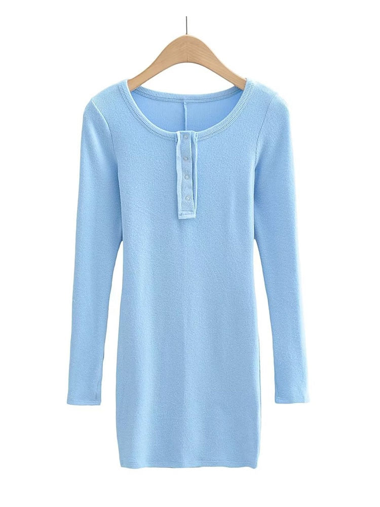 vmtvr - Women Fashion Slim-fit Solid Mini Dress Vintage O-Neck Long Sleeves Single Breasted Female Chic Lady Dresses