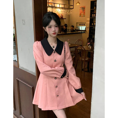 vmtvr  - Elegant Women Dress Long Sleeve Office Ladies Polo Collar Vintage New Korean Fashion Chic Sweet Casual Female Mini Dresses