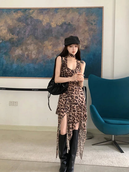 vmtvr  -  New Summer Fashion Korean Classic Leopard Print Chicly Halter Female Camole Dresses Sexy Casual Simple Slim Waist Women Dresses