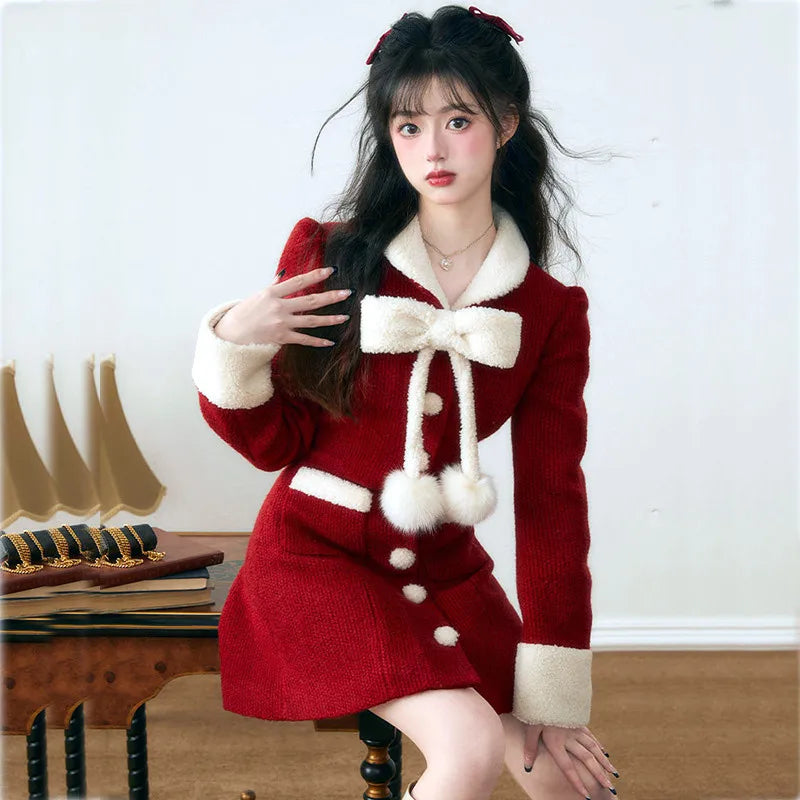 vmtvr  -  Elegant Women Christmas Dress Vintage Long Sleeve Office Lady Polo Collar New Korean Chic Sweet Casual Female Mini Dresses