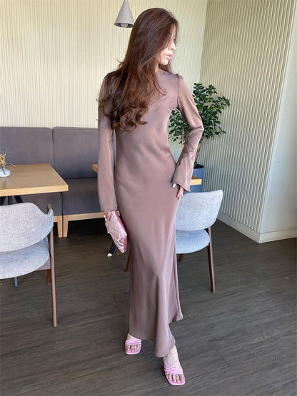 Tossy Satin Fashion Slim Maxi Dress For Women Long Sleeve High Waist Elegant Solid Party Dress Casual Luxury Ladies Summer Dress