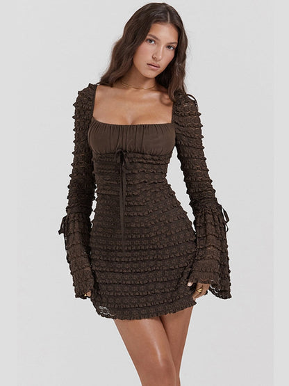 vmtvr - Elegant Multilayer Lace Backless Mini Dress Women Brown Square Collar Long Flare Sleeve Club Party Sexy Dress Autumn