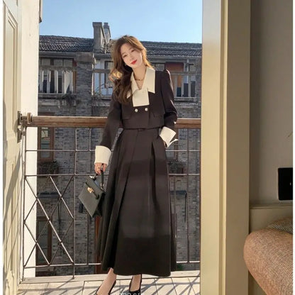 vmtvr Autumn Elegant 2 Piece Dress Set Women Slim Vintage Party Office Lady Korean Suit Long Sleeve Crop Tops + Casual Midi Skirt