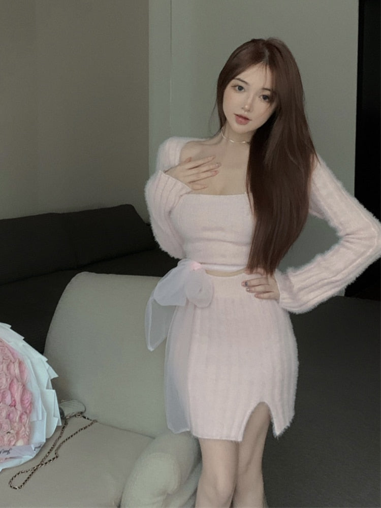 Winter Sexy Knitted Two Piece Set Women Korean Fashion SlimParty Mini Skirt Suit Female Long Sleeve Bow Sweater Skirt Set 2023