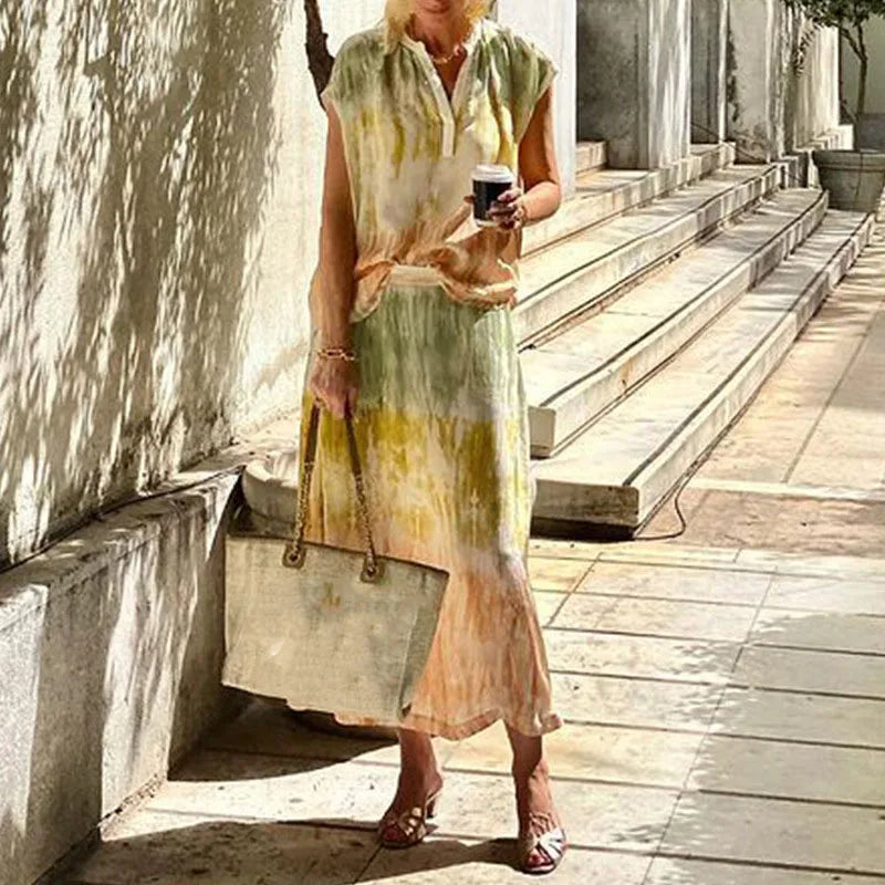 vmtvr Fashion Temperament Printed Party Suit Women V-neck Sleeveless Vest Top with Skirt Two Piece Sets Elegant Summer Holiday Outfits