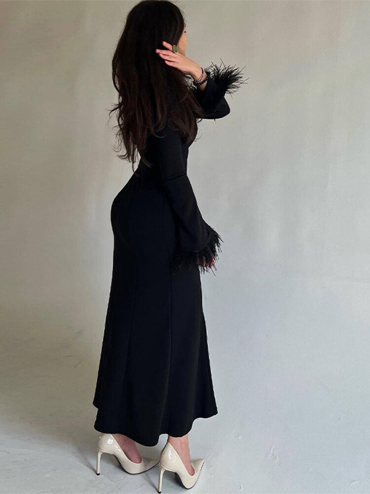 Women's Feather Cuffs Maxi Dresses Advanced Black Retract Waist Bodycon Dress  Spring Temperament Ladies O Neck Clothes