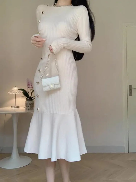 vmtvr Elegant Knitted Fishtail Dress for Women Autumn Winter White Black O-neck High Waist Slim Chic Party Solid Button Dresses