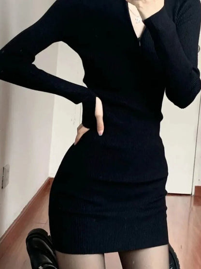 vmtvr - Black Bodycon Knitted Dress Women Sexy Wrap Slim Short Dresses Autumn Fall Solid Outfits Robes Femlae