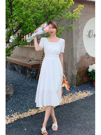 vmtvr French White Women Summer Vintage New Elegant Dresses Square Collar Slim Fairy Long Dress Office Lady Robe 2024 Female Clothing