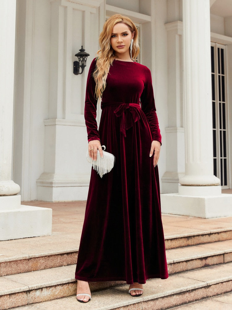 Spring  Elegant Red Long Dress Velvet Solid Color Premium  Formal Evening Vestidos Festa Luxo Rojo Maxi Dresses For Women