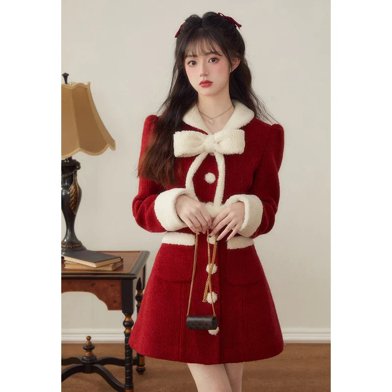 vmtvr  -  Elegant Women Christmas Dress Vintage Long Sleeve Office Lady Polo Collar New Korean Chic Sweet Casual Female Mini Dresses