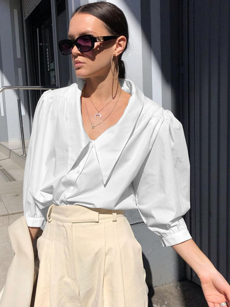 -Women High Street Fashion Shirts Vintage Puff Sleeve Turn Down Collar White Shirt  New Fashion Spring Summer Elegant Tops