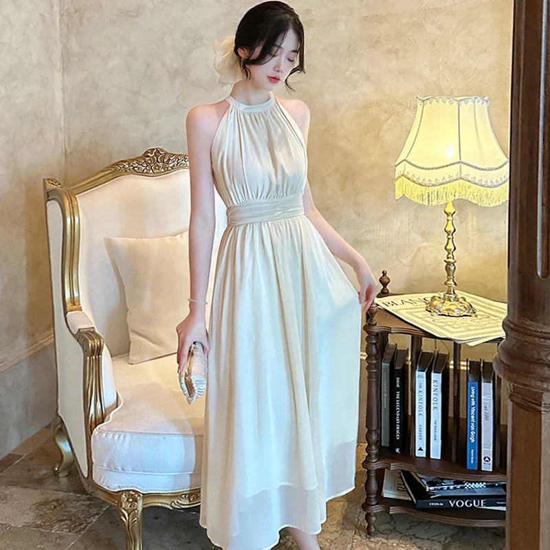 vmtvr 2024 New White Sleeveless Sexy Neck-mounted Long Dress Women Elegant Luxury Dress Gown Summer Korean Bodycon Dance Party Dresses