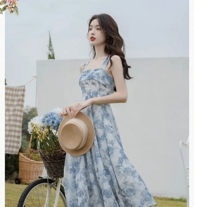 vmtvr Vintage Floral Two-piece Dress Women Summer Elegant Long Strap Dress Female Korean Style Beach Evening Party Fairy Dresses