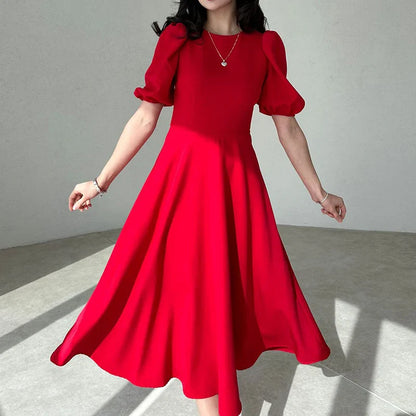 vmtvr Elegant O Neck A-Line Office Ladies Dress New Spring Solid Back Zipper Boho Long Dress Women Puff Short Sleeve Summer Maxi Dress