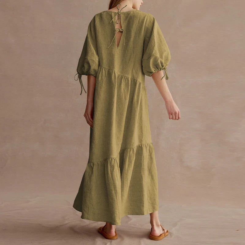 vmtvr Newly French Vintage Elegant Cotton Linen Lantern Sleeve Women Dresses 2023 Summer Casual Solid Tie Loose Maxi Female Dress