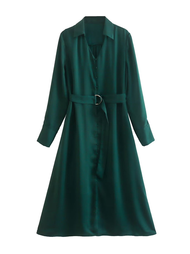 vmtvr  New Spring Women With Blet Green Satin Shirt Dress Long Sleeve Female Midi Vestidos