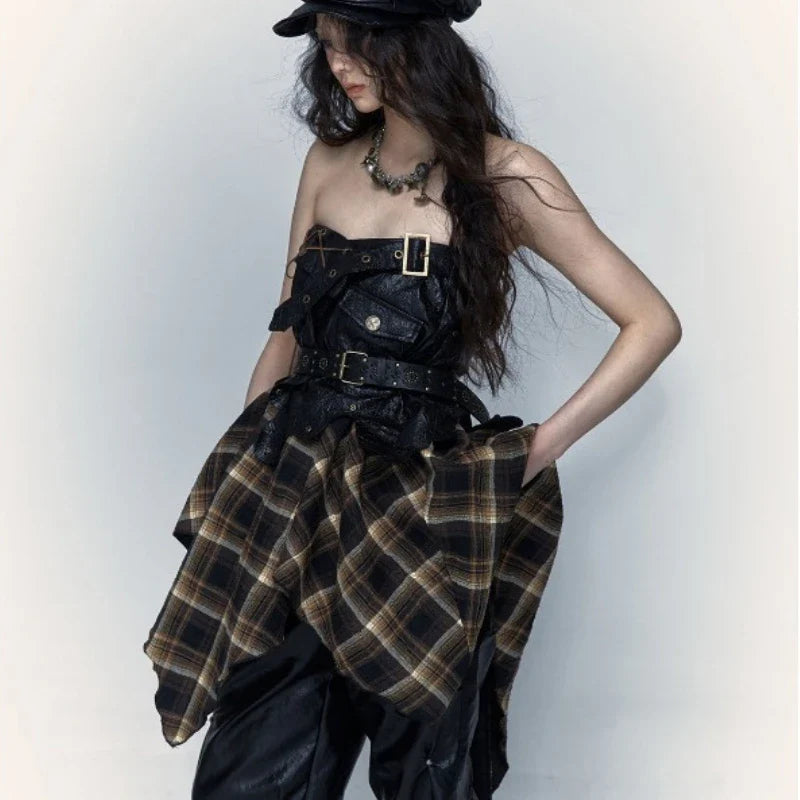 vmtvr  -  Women Dress Bustier Short Dresses Plaid Skirt Woman Clothing Patchwork Irregular Punk Sweet Vintage Streetwear Kawaii Sexy Skirt