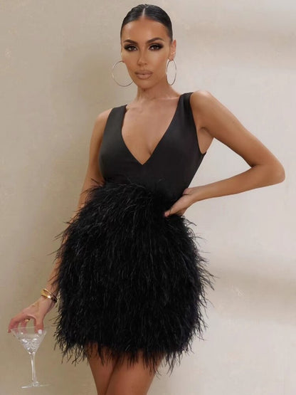 vmtvr Black Feather Dresses for Women 2023 Spring V-neck Sleeveless Lace-up Backless High Waist Tunics Short Evening Party Dresses