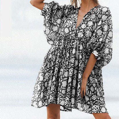 vmtvr - Autumn Boho Women Dresses Casual Loose Waist V-neck Lantern Sleeve Mini Dress Fashion Ladies Elegant Floral Print Party Vestidos