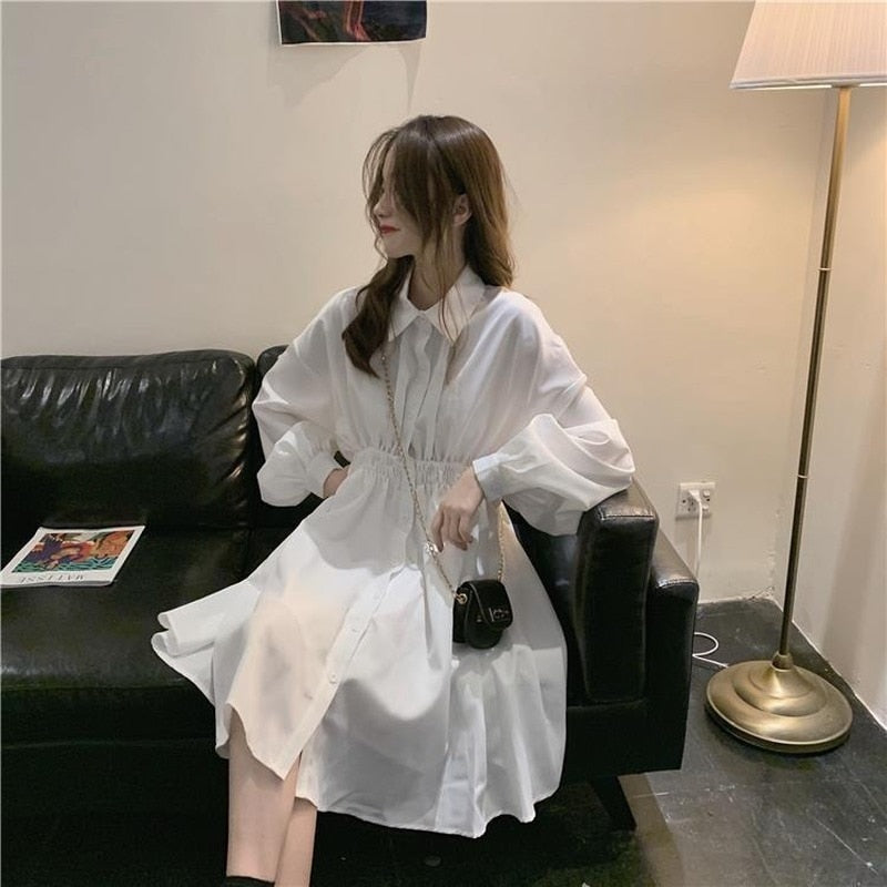 Shirt Dress Women Korean Style Polo Collar Black Long Sleeve Wrap Mini Dress Casual Solid Kpop Clothes Woman