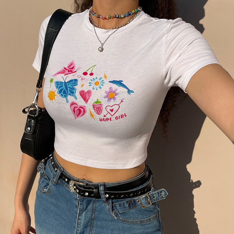 -Fall Outfits  Y2K Baby Summer Skinny Women Graphic T Shirts Navel Trend Print Stretchy Short Sleeve Kawaii Crop Top Streetwear Tees Aesthetic