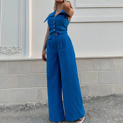 vmtvr Ladies Turn-down Collar Button Top and Wide Leg Pants Set Fashion Elegant Commuting Slim Suit New Summer Streetwear Solid Outfit