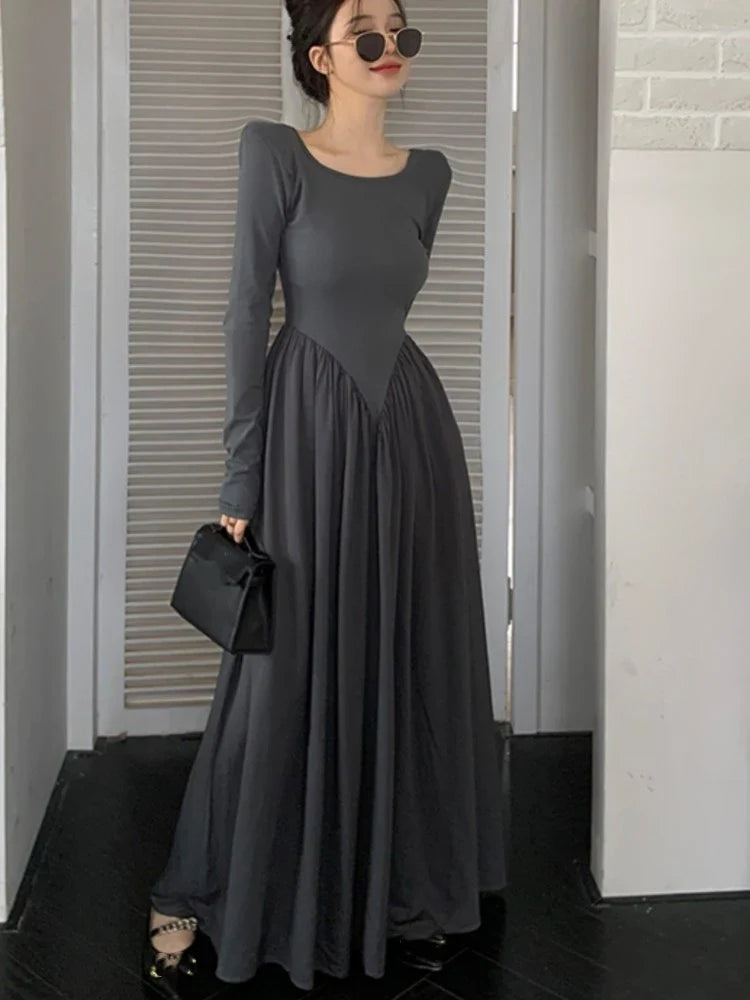 vmtvr Casual Long Dresses For Women Backless Long Sleeve O-Neck Autumn Spring Korean Fashion Solid A-Line Y2K Vestidos Mujer