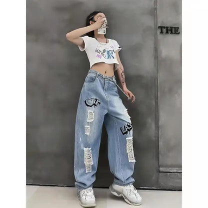 vmtvr Y2k Women Graffiti Hole Wide Leg Jeans Streetwear Fashion Casual Pants Spring Summer New High Waist Loose Vintage Denim Trousers