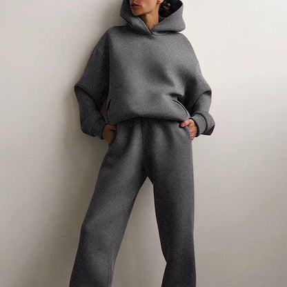 Fleece-Lined Tracksuits Women Casual Solid Warm Suits Hoodies Sweatpants Autumn Winter Pullover Sweatshirts Pants 2 Piece Set