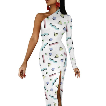 Memphis Retro Maxi Dress Long Sleeve Geometric Colorful Cute Bodycon Dress High Slit Streetwear Long Dresses Print Vestido