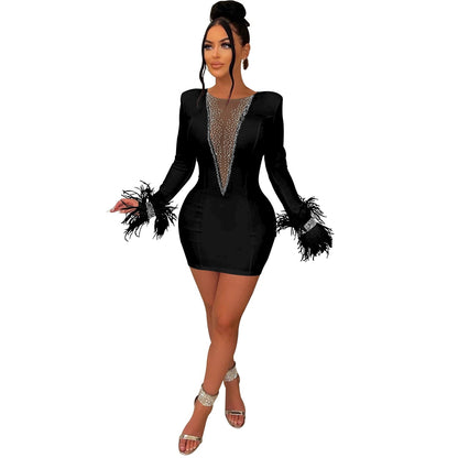 Sexy Women Mini Dress Feathers Sheer Mesh Diamond Streetwear Party Night Slim Fitness Dresses For Women Vestidos