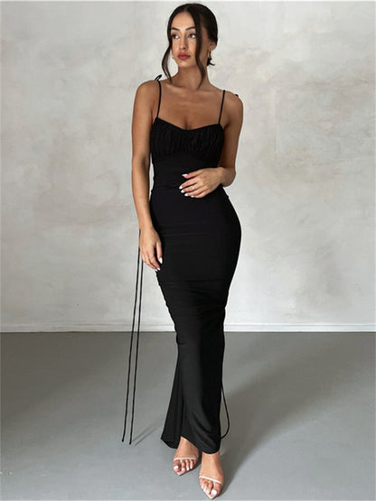 Lengthen Straped Backless Ruched Bodycon Evening Black Party Dress Women Elegant Concise Maxi Dress 2023 Summer