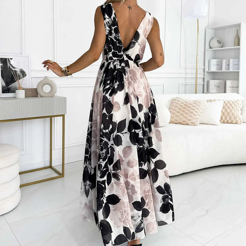 vmtvr  -  Elegant Deep V-neck Backless Bohe Party Dress Women Casual Sleeveless Pleated Long Dress Fashion Pattern Printed Vacation Dress