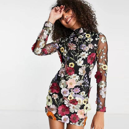 vmtvr Flower Print Embroidery Mini Dress Women Half High Collar Long Sleeve Hip Package Dresses Female Autumn Elegant Lady Vestidos