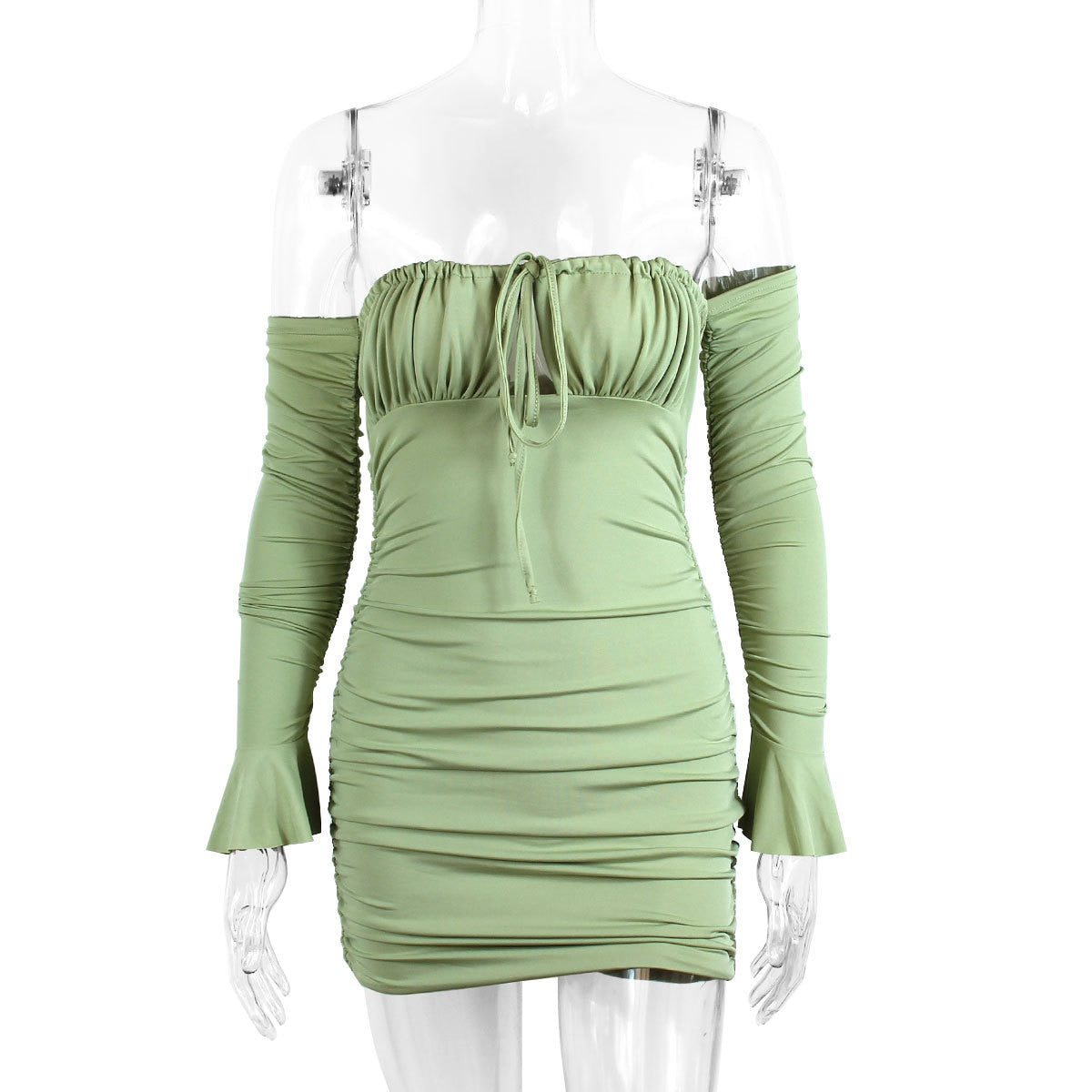 Sexy Ruffle Short Club Dress Ladies  Autumn Green Bodycon Dresses For Women Party Tight Mini Dress Clubwear