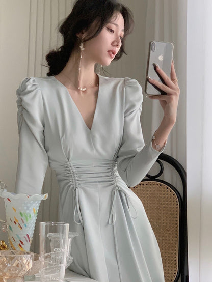 vmtvr New Women Elegant Midi Satin Dress Long Sleeve Party Vestidos One Piece Drawstring Slim Spring Clothes