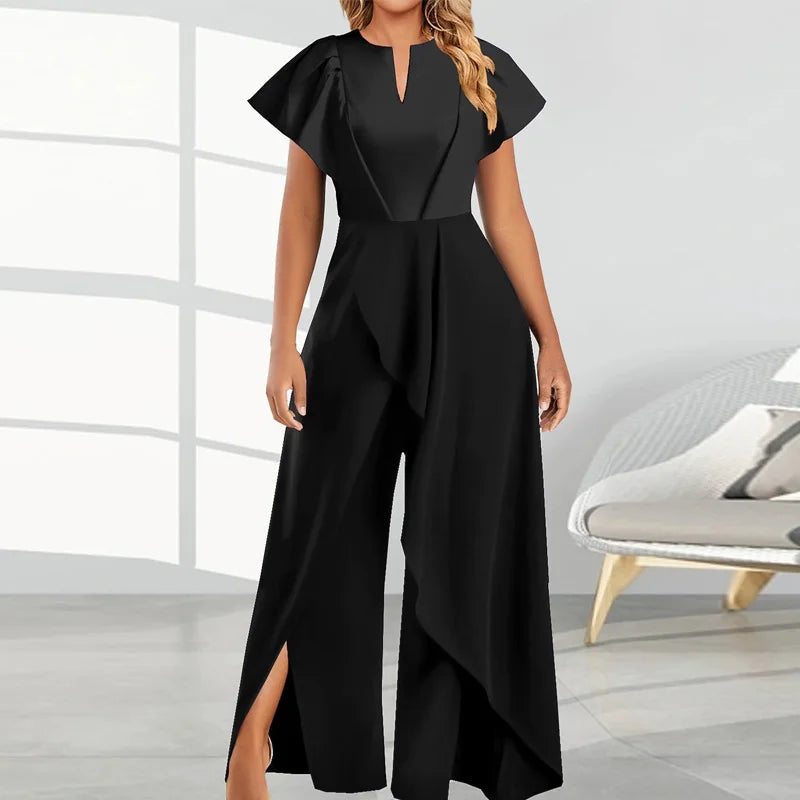 vmtvr Spring Solid V Neck Irregular Party Jumpsuit Women High Waist Wide Leg Split Pants Rompers Summer Short Sleeve Straight Overalls