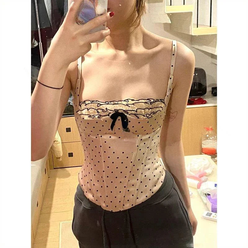 vmtvr Casual Polka Dot Tank Tops Woman Summer Sleeveless Camisole Streetwear Sexy Hot Off Shoulder Simple Bow Vest Female 2024