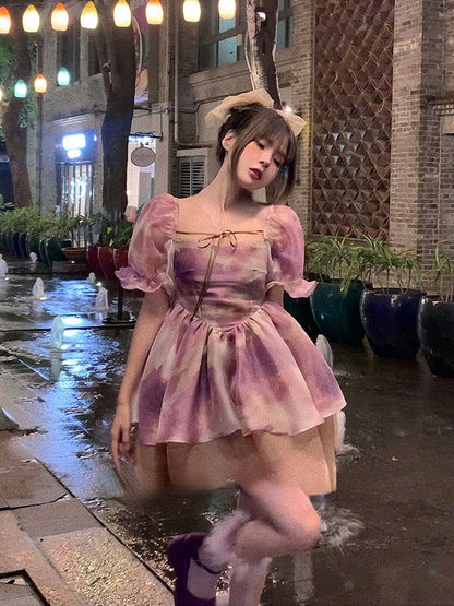 vmtvr - Kawaii Lolita Dress Women Casual Short Sleeve Elegant Vintage Dress Even Party 2023 Summer Floral Y2k Mini Dress Female Chic