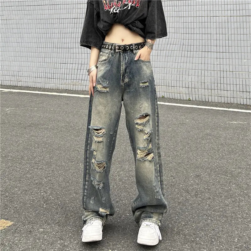 vmtvr Vintage Women Distressed Washed Jeans Spring Summer New Loose Pants Trend Hip Hop High Waist All-match Fashion Straight Trousers