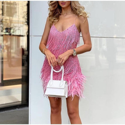 vmtvr Dress Summer Slim V-Neck Off Shoulder Dresses Sexy Women&#39;s Fringed Sequin Feather Stitching Female Backless Slip Mini Robe