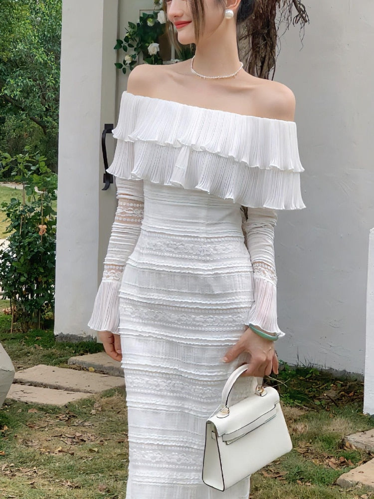 vmtvr - Elegant White Midi Dress Office Lady Long Sleeve Sexy Beach Party Bodycon Dress Women Chic  Summer One Piece Dress Korean