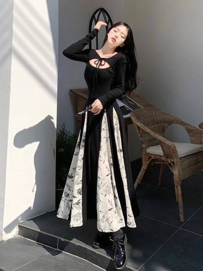 vmtvr  -  Vintage Knitted Patchwork Floral Dress Irregular Design Sense Hepburn Wind Sweet Fashion Slim Summer New Black Long Dresses