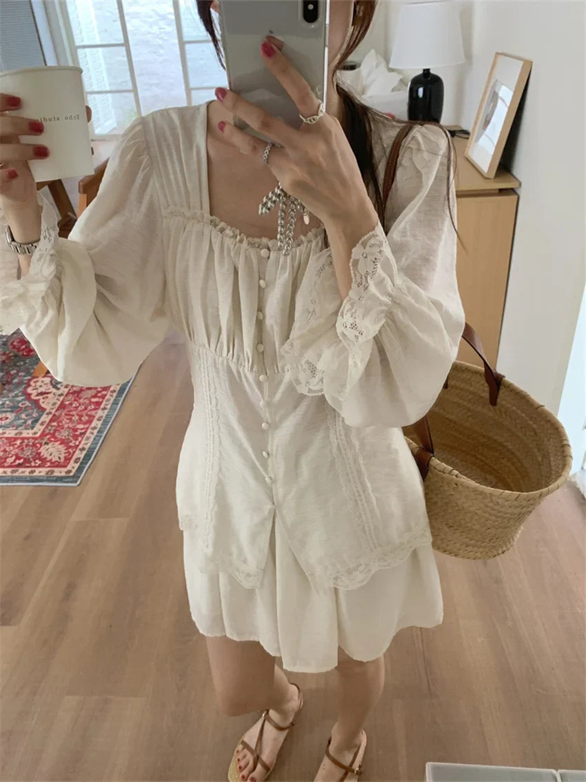 vmtvr Women Elegant Sweet Two Pieces Sets Casual High Street Summer Flare Sleeve Shirts High Waist Loose Skirts Shorts