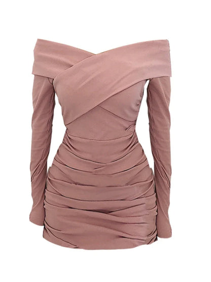 vmtvr  -  Sexy Strapless Cross Pleated Tight Hip Full Sleeve Fold Mini Dress Pencil Womens Autumn Girl Female Dresses SXYF