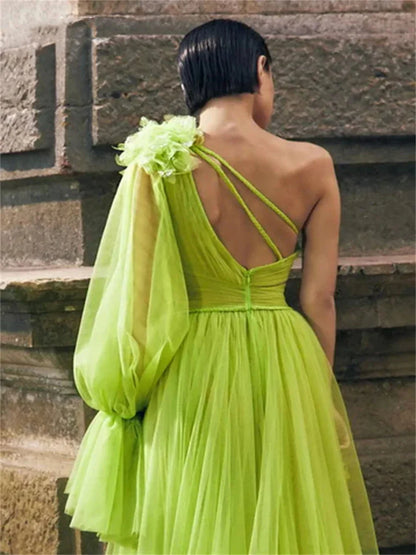 vmtvr  - Green pleated one shoulder long sleeved 3D flower beach mop cocktail party birthday party concert evening dress