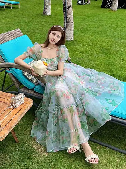 vmtvr French Vintage Floral Midi Dress Women Organza Elegant Casual Party Fairy Dress Casual Holiday Princess Dress Women Summer